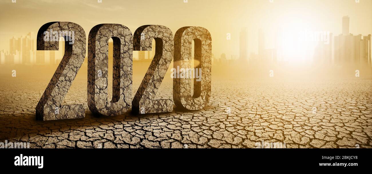 Figures 2020 in the desert. This year is the hottest year in history Stock Photo