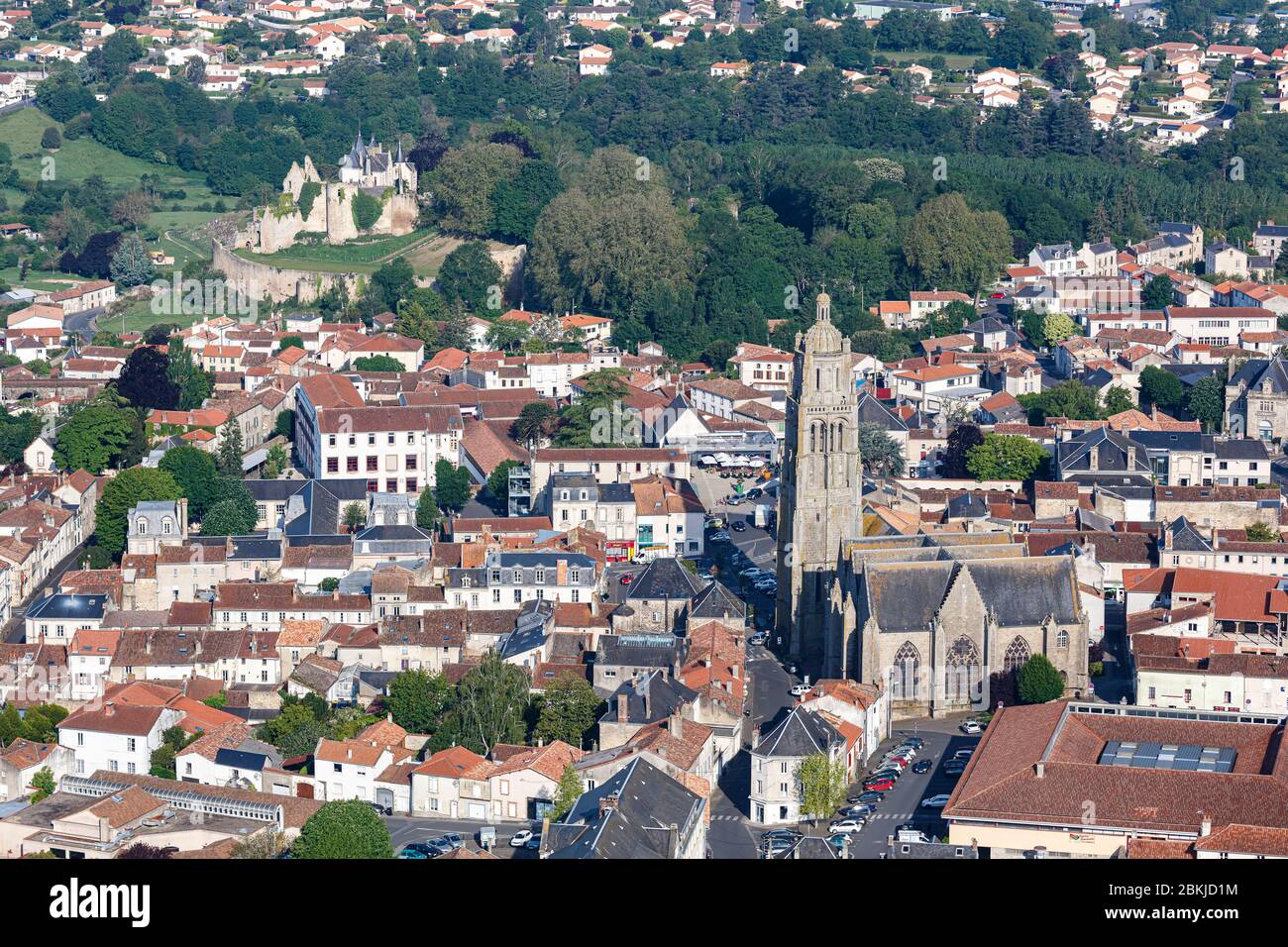 France, Deux Sevres, Bressuire, the town, the church and the castle (aerial view) Stock Photo