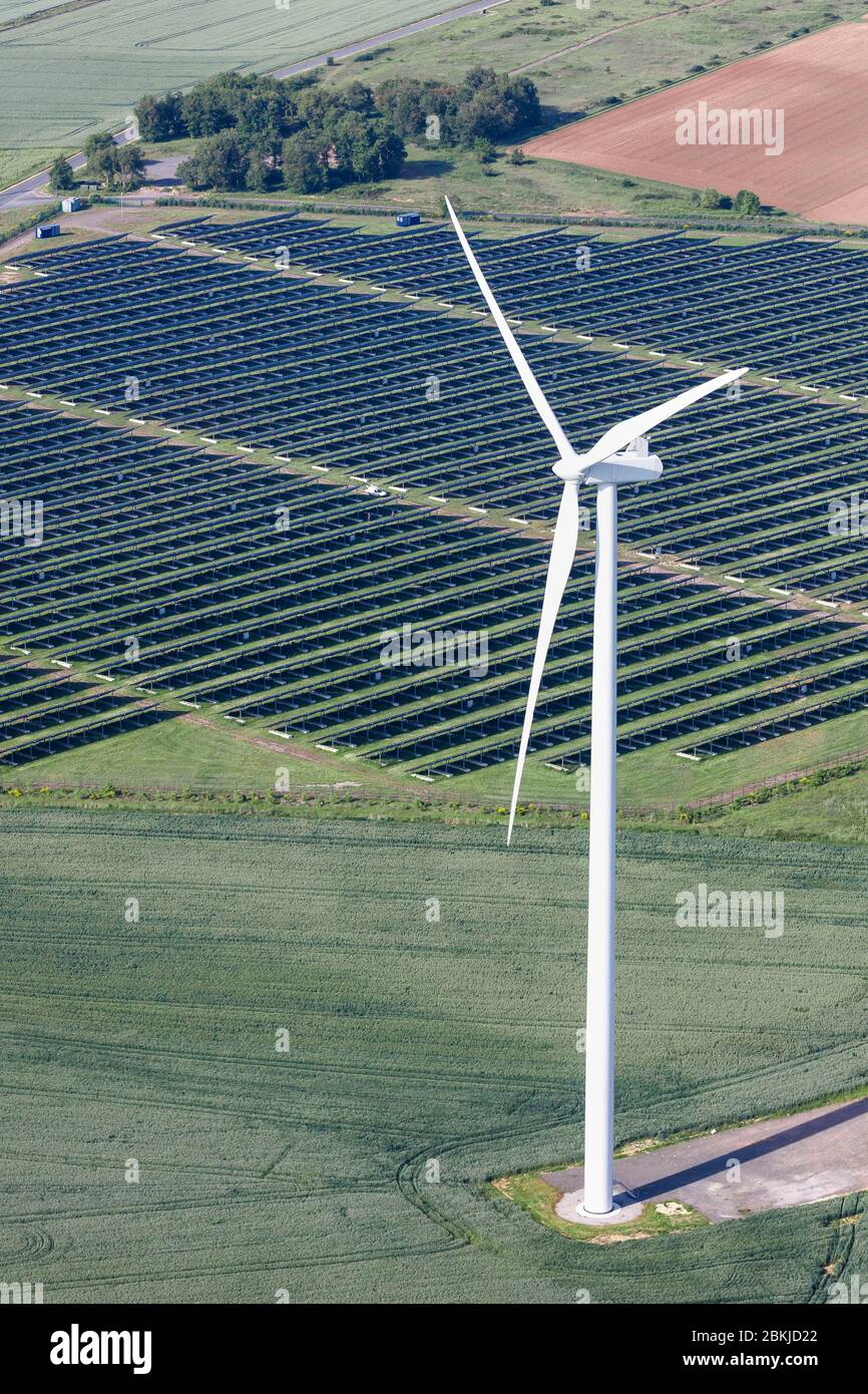 France, Deux Sevres, Thouars, photovoltaic power station and a wind turbine (aerial view) Stock Photo