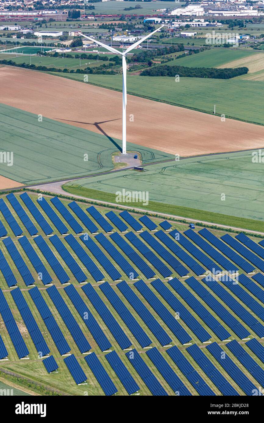 France, Deux Sevres, Thouars, photovoltaic power station and a wind turbine (aerial view) Stock Photo