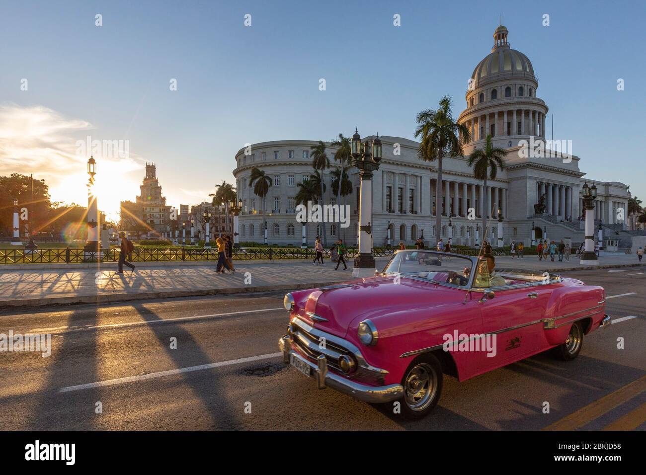 Cuba, province of Ciudad de la Habana, Havana, district of Centro Habana, American car on the Paseo del Prado also named Paseo José Marti connecting Capitol and Malecon Stock Photo