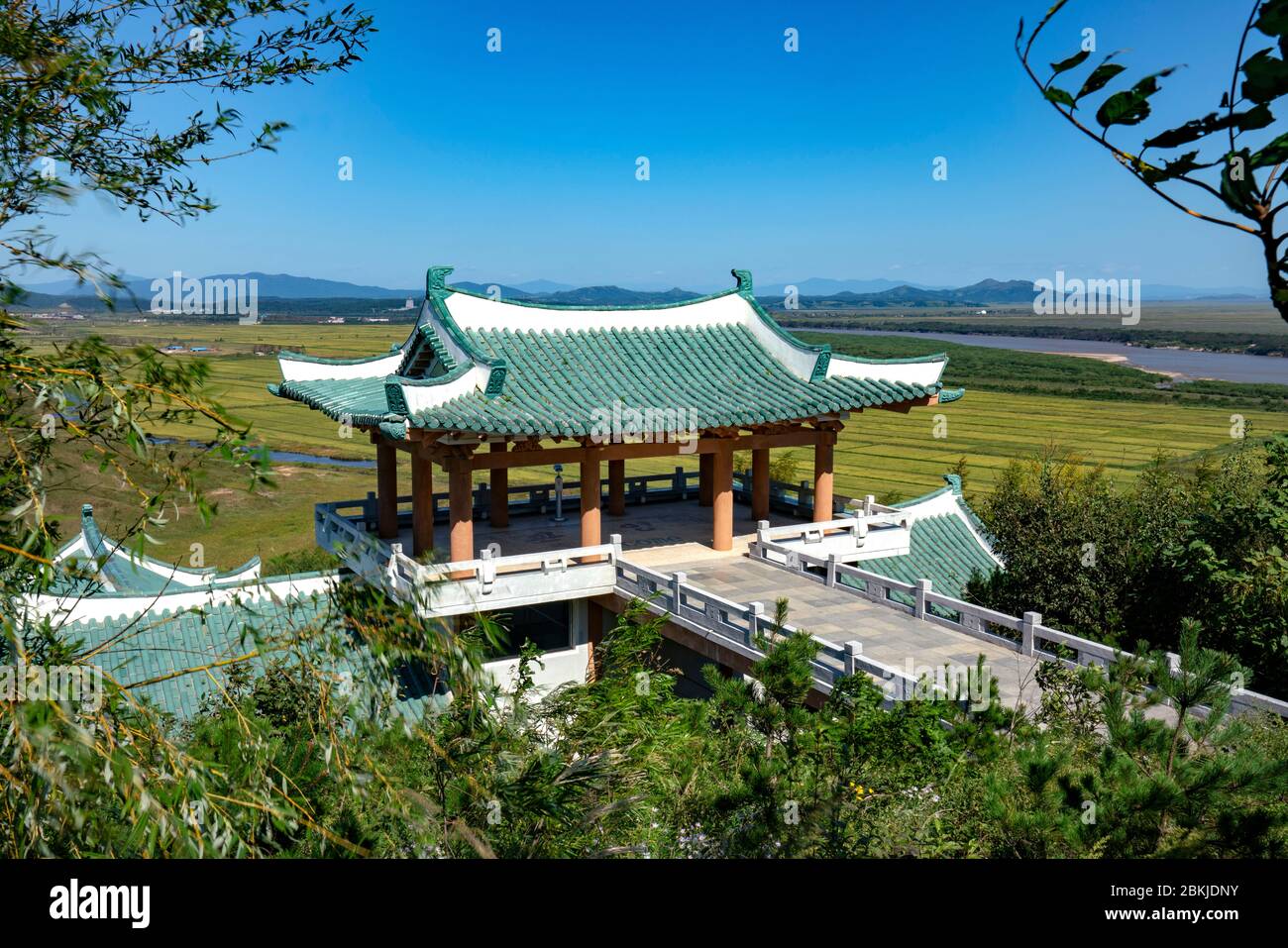 North Korea, Rason Special Economic Zone, Tumangang, the Sungjon Pavillion overlooks the three borders of North Korea, China and Russia Stock Photo