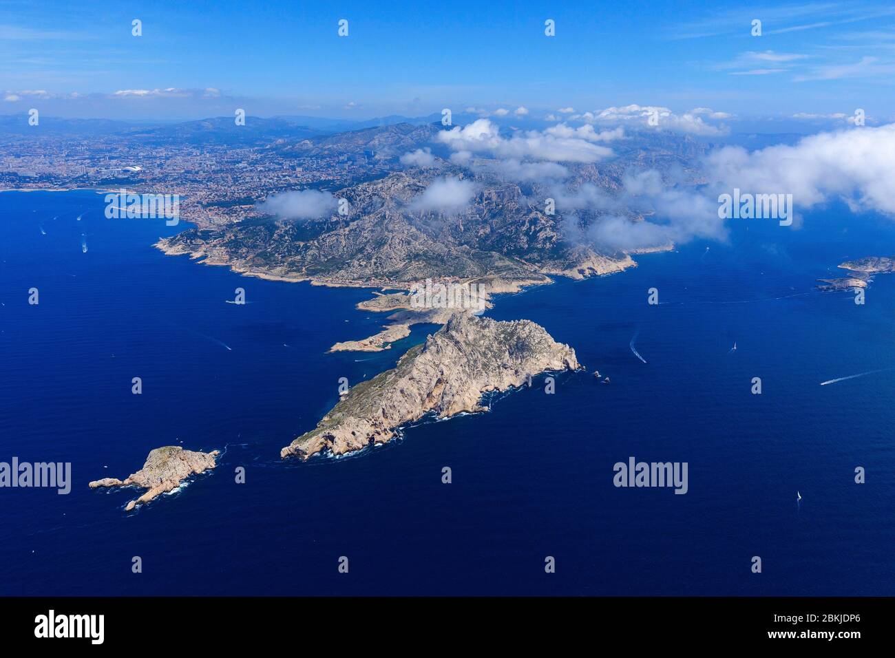 France, Bouches du Rhone, Calanques National Park, Marseille, Cap Croisette, Monkey Bay, Riou archipelago, Ile Maire and the islet of Tiboulen de Maire (aerial view) Stock Photo