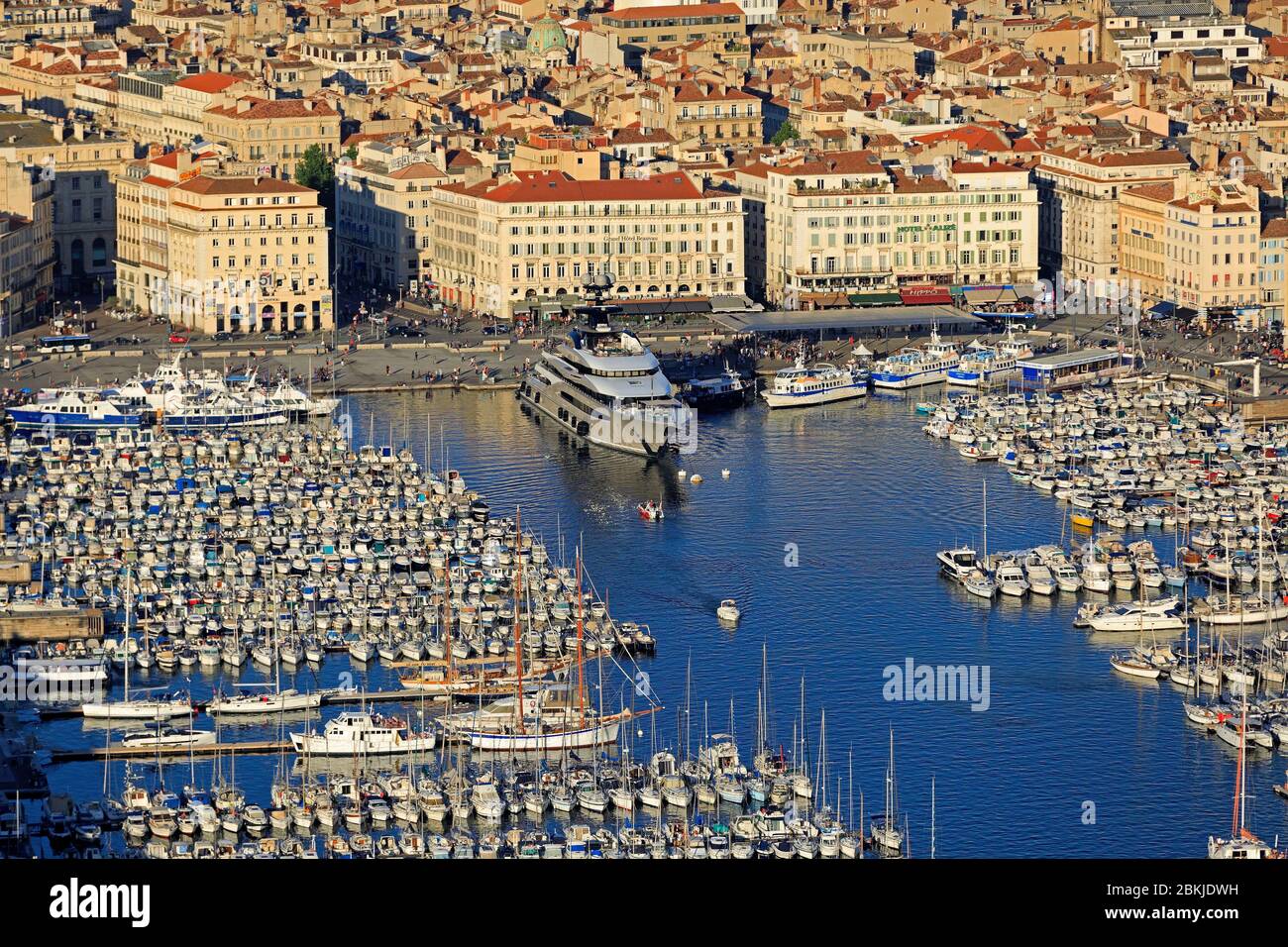 France, Bouches du Rhone, Marseille, 1st arrondissement, the Vieux Port (aerial view) Stock Photo
