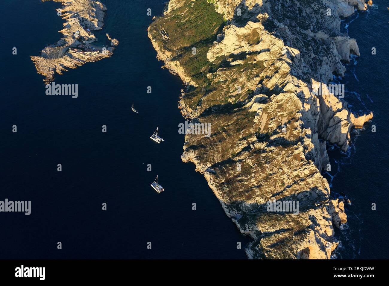 France, Bouches du Rhone, Calanques National Park, Marseille, 9th arrondissement, Cap Croisette, Ile Maire (aerial view) Stock Photo