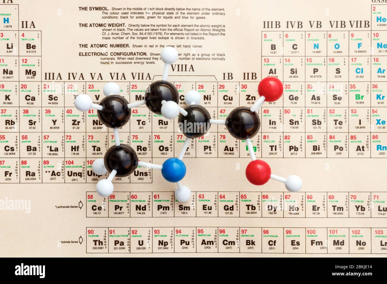 Plastic ball-and-stick model of a Proline or L-Proline (Pro) molecule. Proline is one of the proteinogenic amino acids. Stock Photo