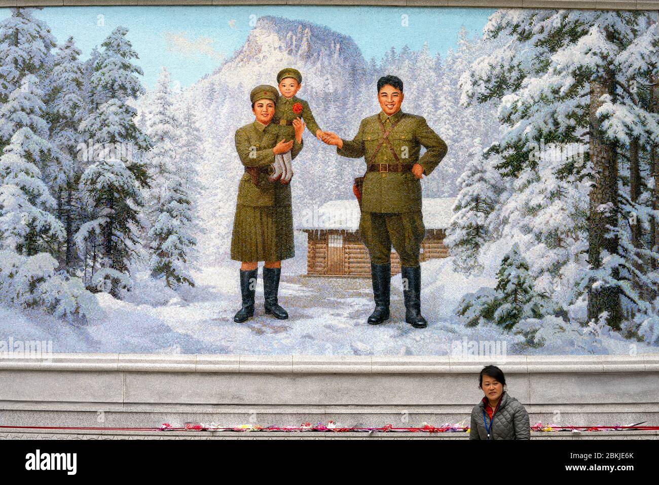 North Korea, Mount Paektu, the Korean Guerilla Secret Camp where General Kim Yong Il was born, mosaic of the former leade Kim Il Sung and his wife holding young General Kim Yong Il in her arms Stock Photo
