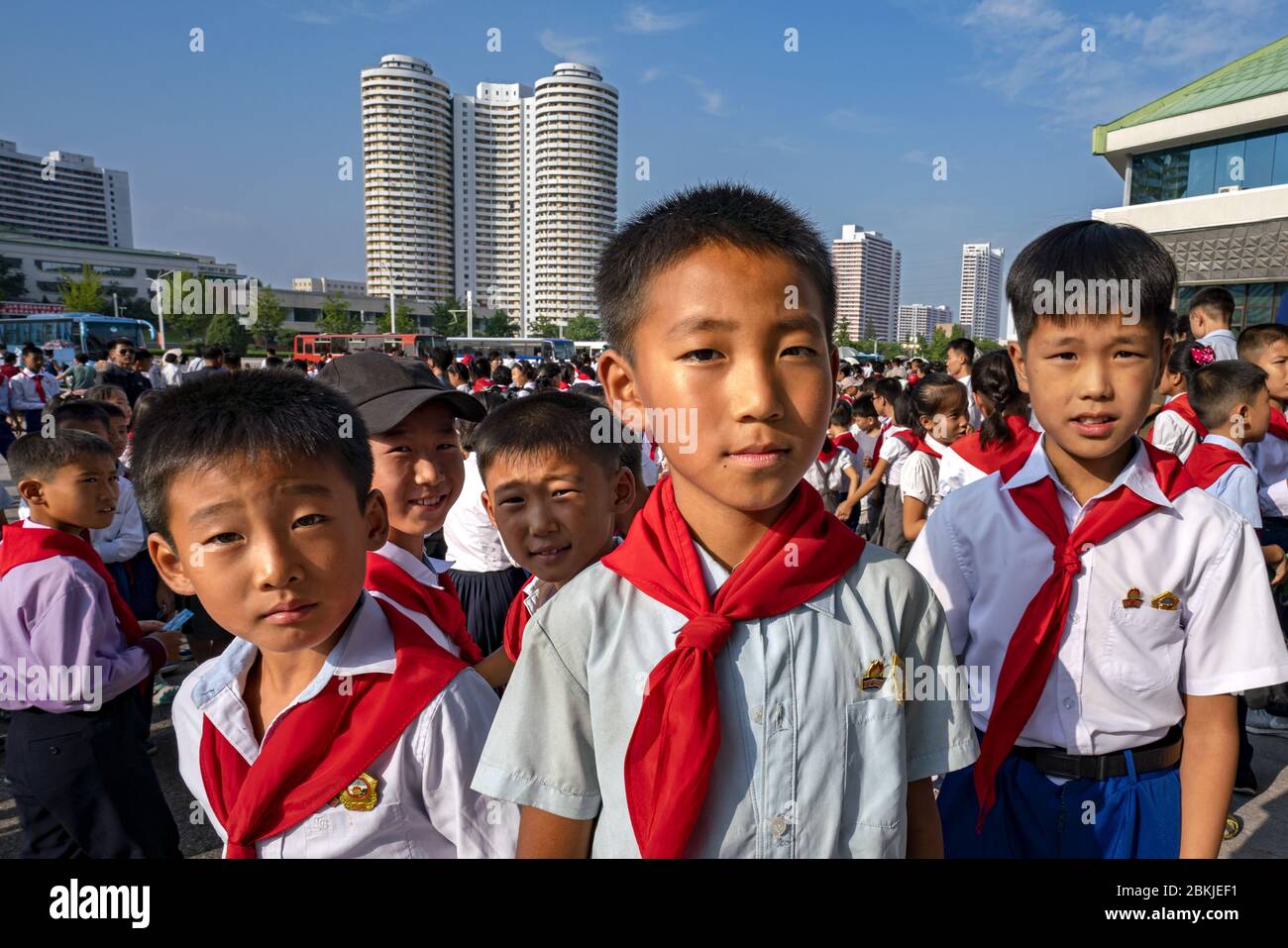 North Korea, Pyongyang, pionneers going to the Pyongyang circus Stock Photo