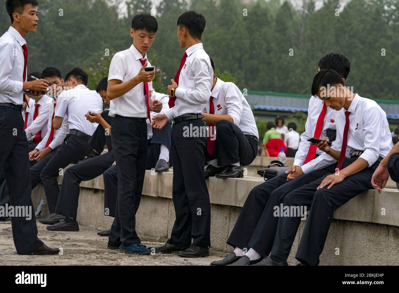 North Korea, Pyongyang, students dancing for the national day comemorating the foundation of the North Korean Popular Republic Stock Photo