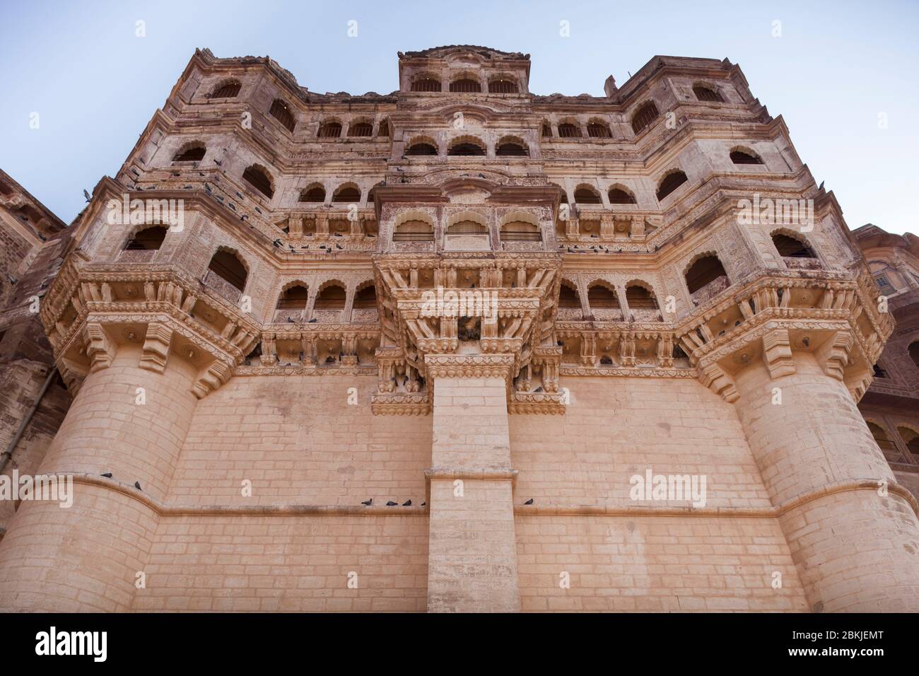 India, Rajasthan, Jodhpur, low angle view from the foot of Fort Mehrangarh Stock Photo