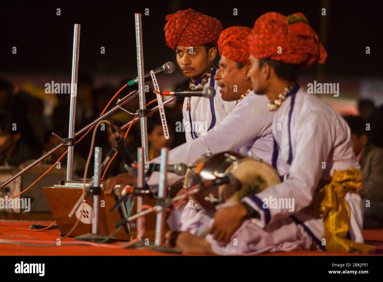 India, Rajasthan, Bikaner, Camel Festival, seated musicians singing, playing harmonium and mridangam percussions Stock Photo