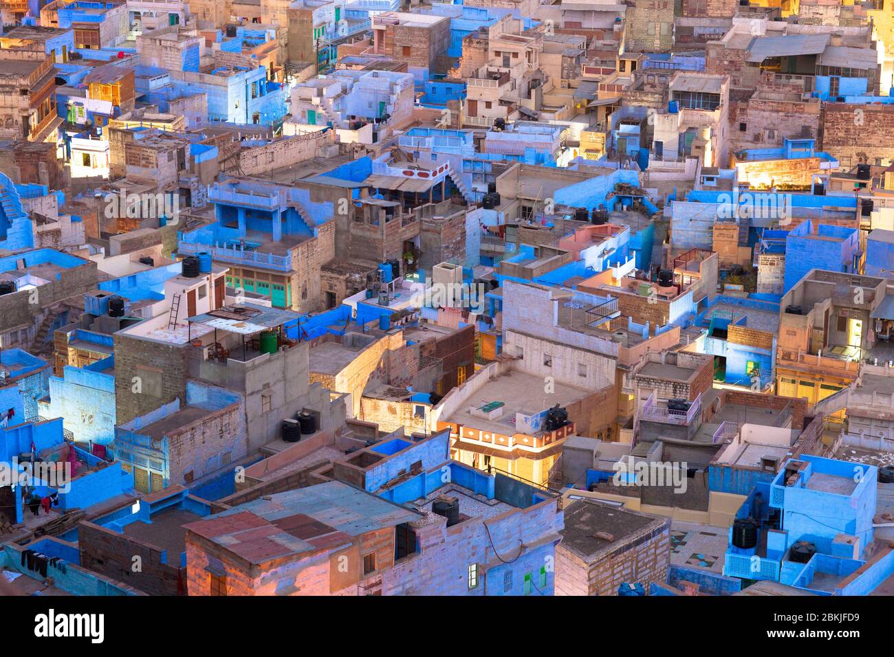 India, Rajasthan, Jodhpur, Pachetia Hill, elevated night view on the blue city rooftops Stock Photo