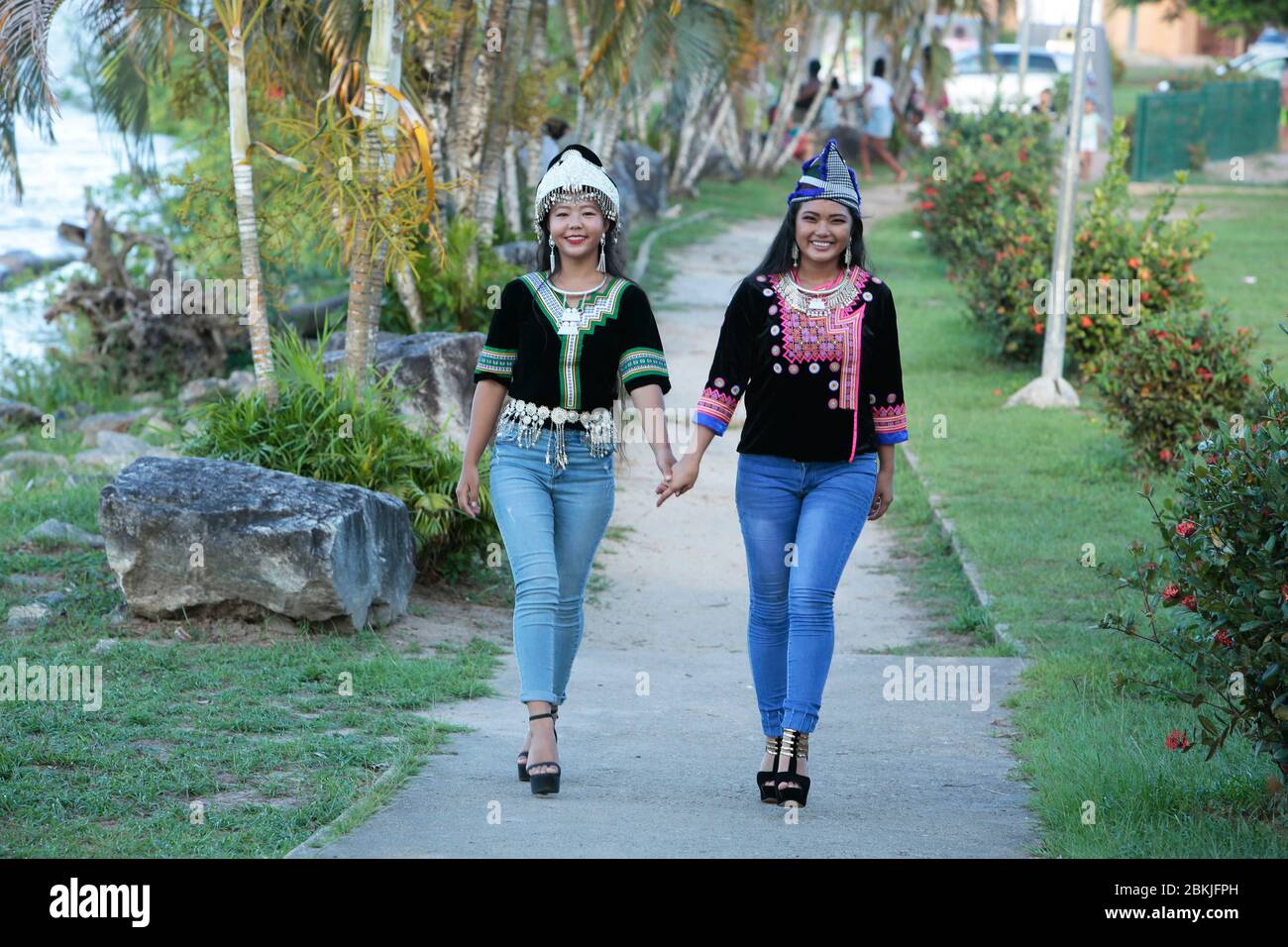 France, Guyana, Saint-Laurent du Maroni, 2 Hmong girls candidates for the election of miss Mademoiselle Guyane Stock Photo