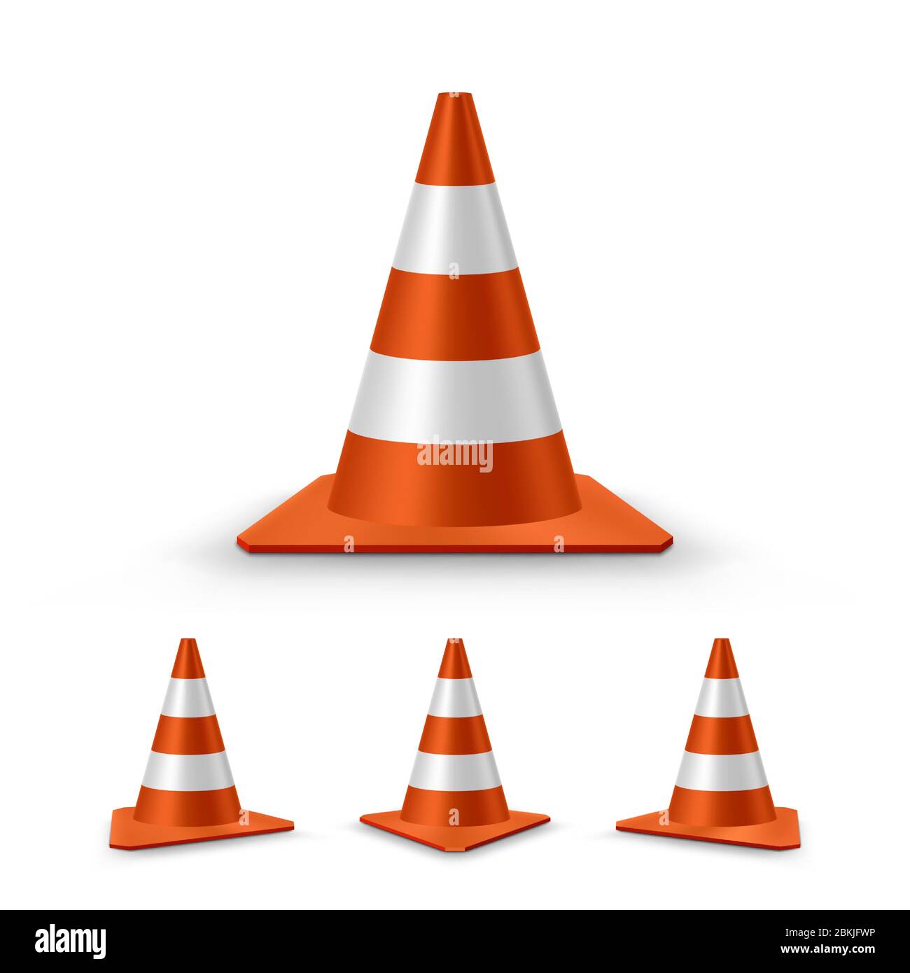 Traffic cones set. Red realistic road plastic cones with white striped, vector illustration Stock Vector