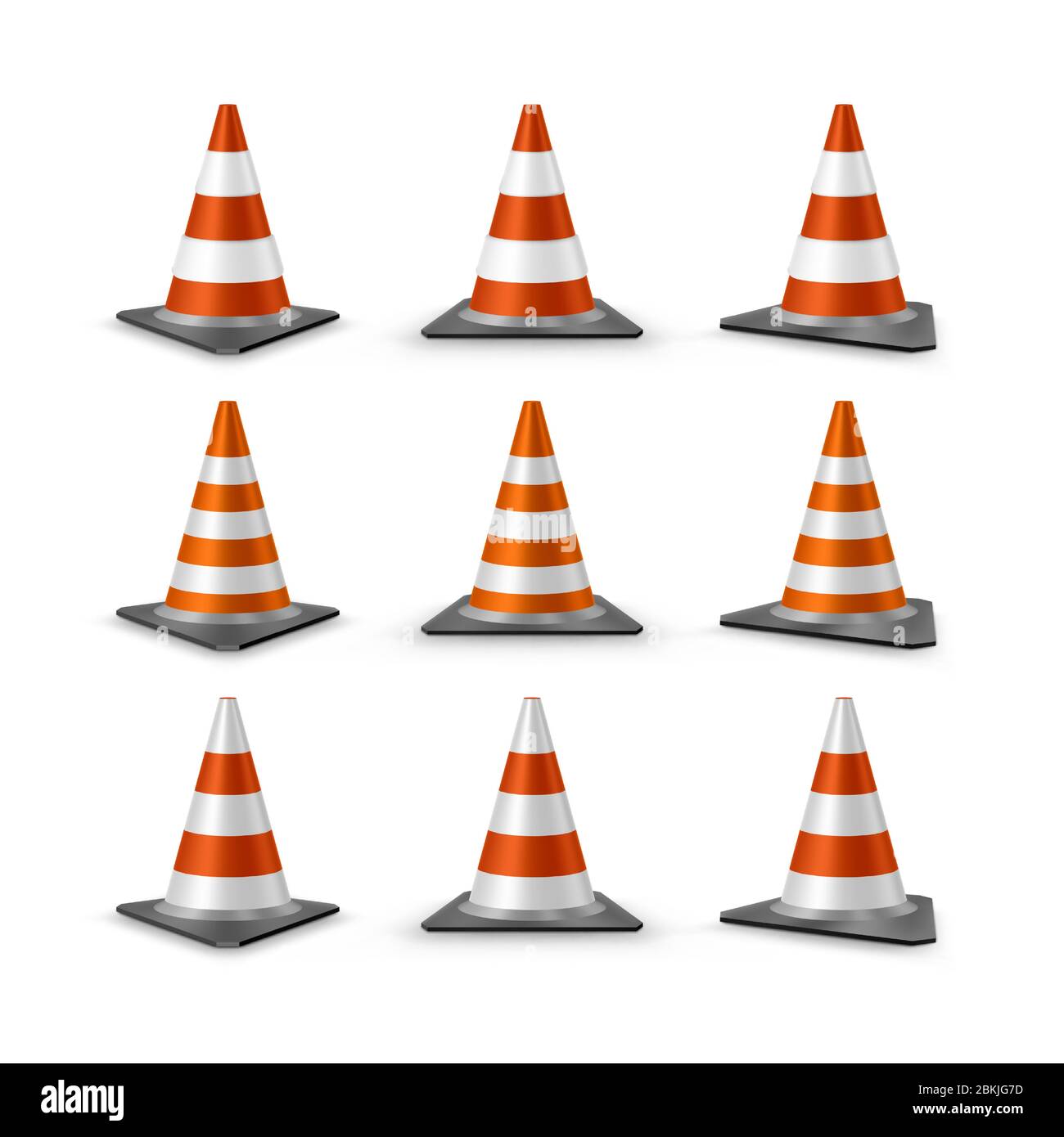 Traffic cones set. Red realistic road plastic cones with white striped, vector illustration