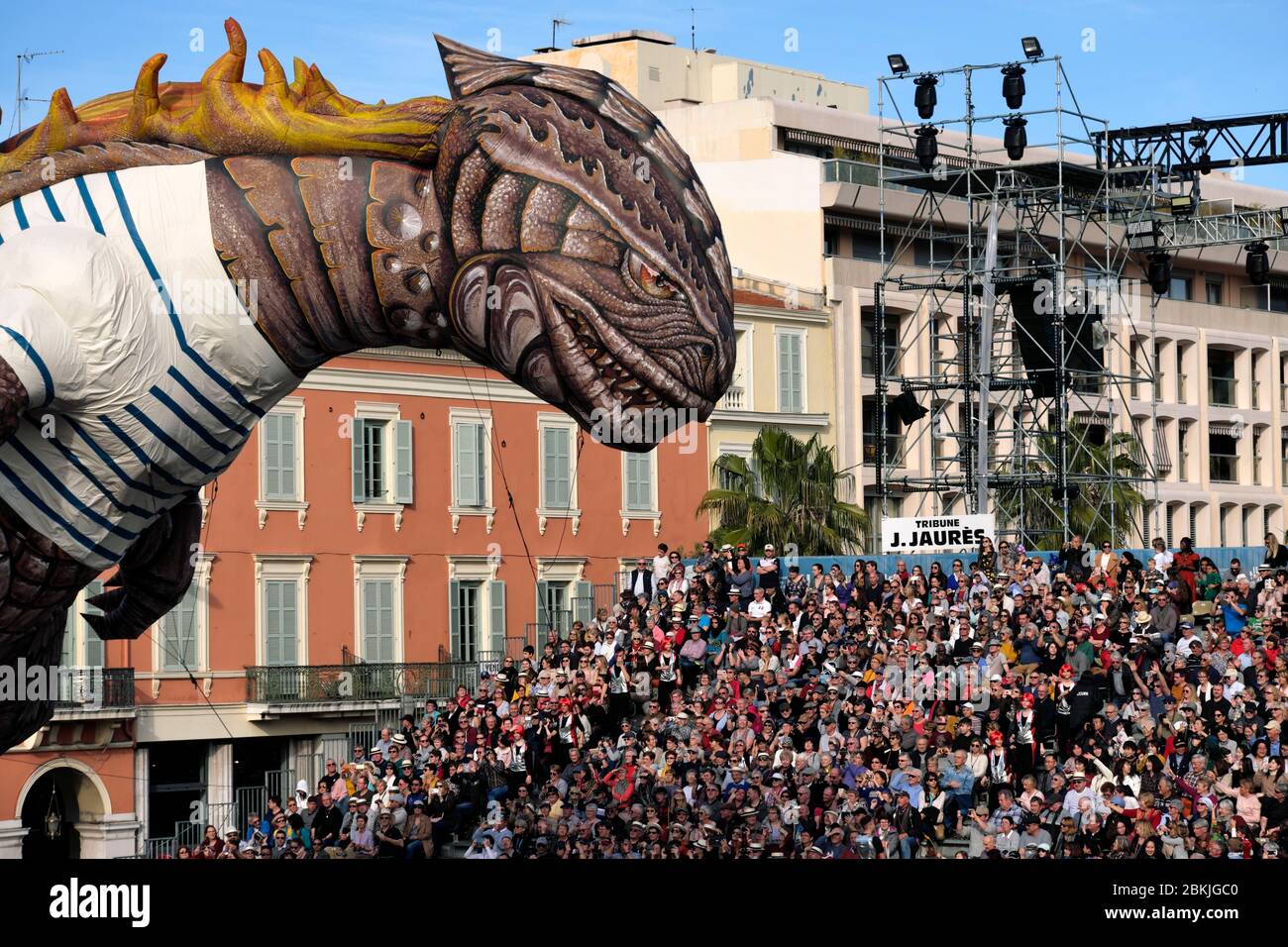 France, Alpes Maritimes, Nice, Place Massena, Carnaval de Nice, Bataille de fleurs, parade, grandstand, giant inflatable structure Stock Photo