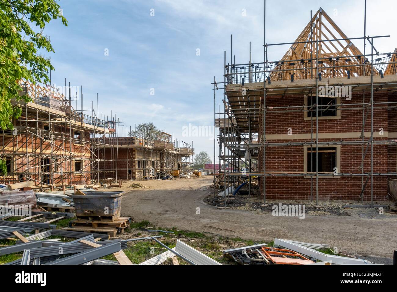 Brand new homes being built in Trowbridge, Wiltshire. Construction site closed during lockdown because of Coronavirus - Covid 19, England UK Stock Photo