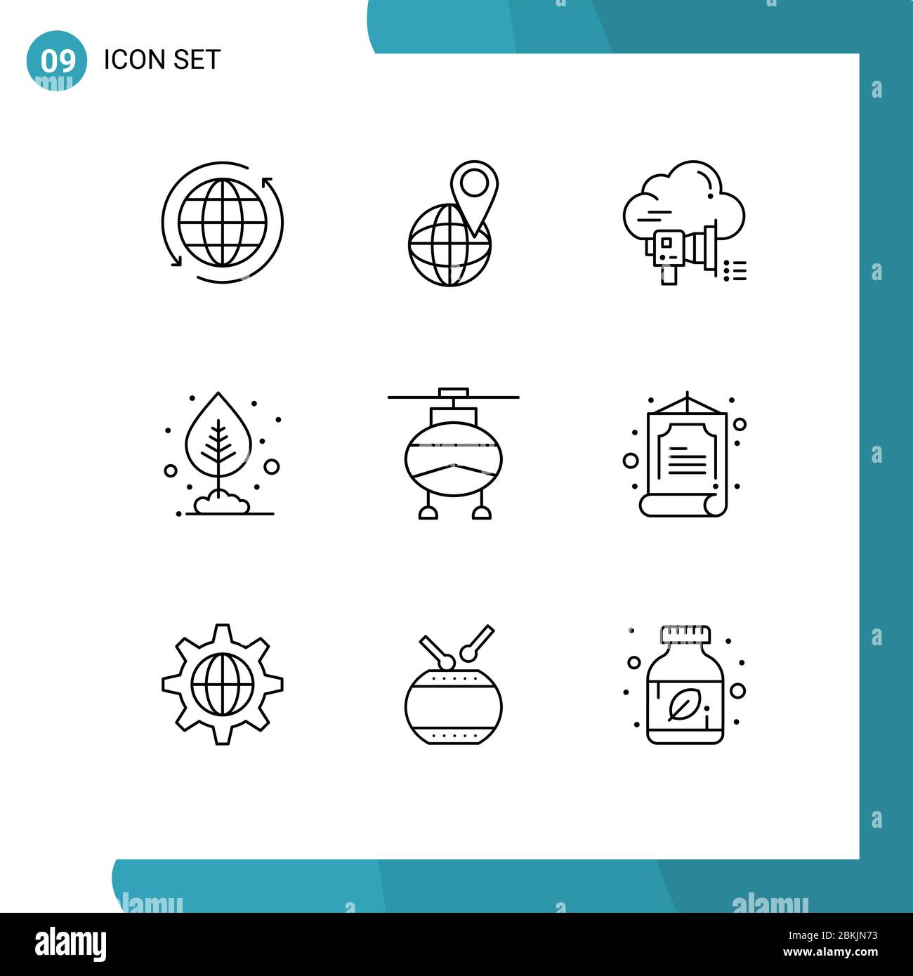 Pack of 9 Modern Outlines Signs and Symbols for Web Print Media such as leaf, plant, world, growth, cloud Editable Vector Design Elements Stock Vector