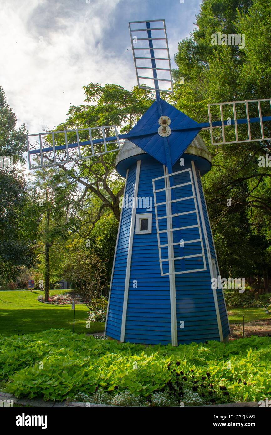 A blue windmill in the Krider World’s Fair Garden in Middlebury, Indiana. Stock Photo