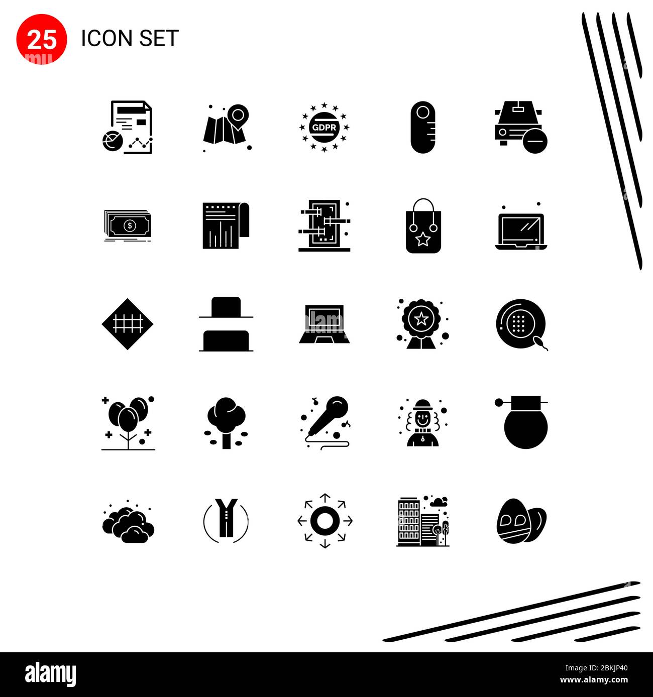 Mobile Interface Solid Glyph Set of 25 Pictograms of less, car, gdpr, audiometer, grownup Editable Vector Design Elements Stock Vector