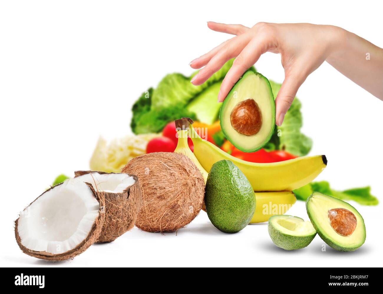 Fresh fruits and vegetables, coconut, avocado and banana. Vegetarian