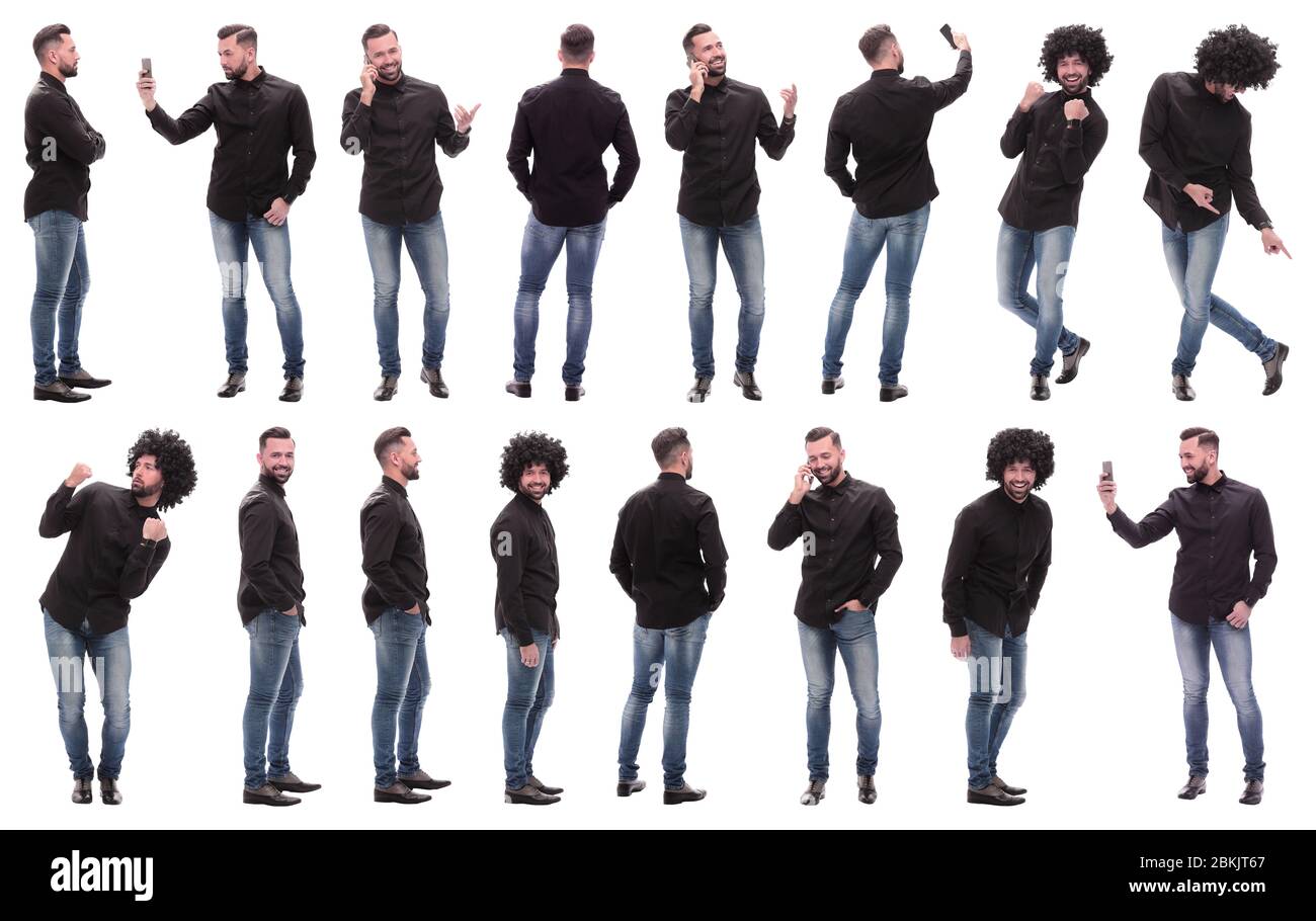 collage of photos of a cheerful young man in jeans Stock Photo - Alamy