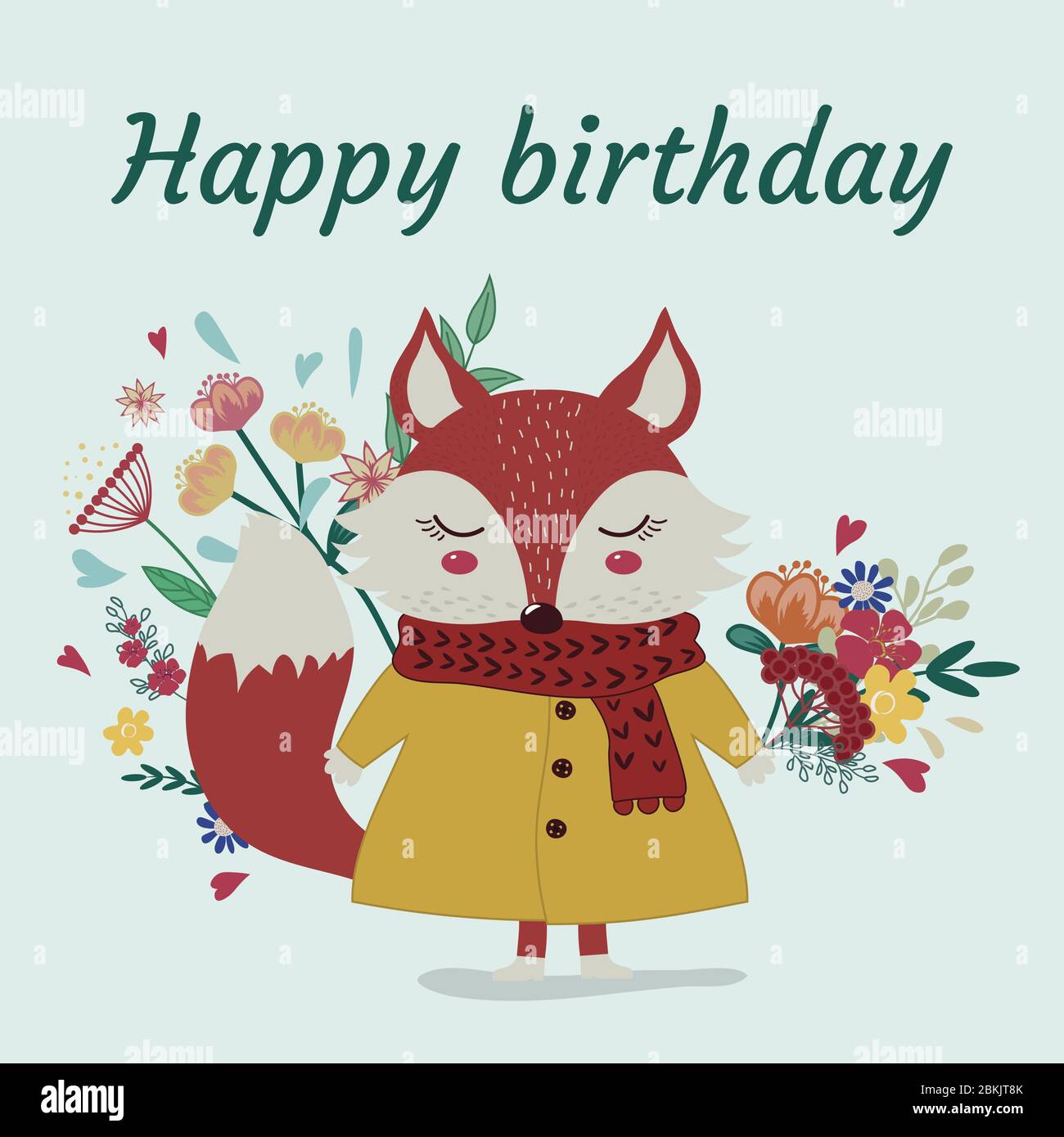 It Says Happy Birthday. Fox with a bouquet of flowers. Print for postcards, t-shirts and posters. flat Stock Vector