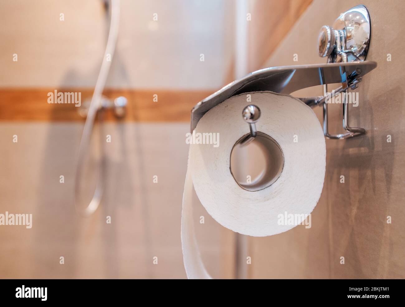Close Up Of Toilet Paper Holder In RV With Shower In Background Stock Photo