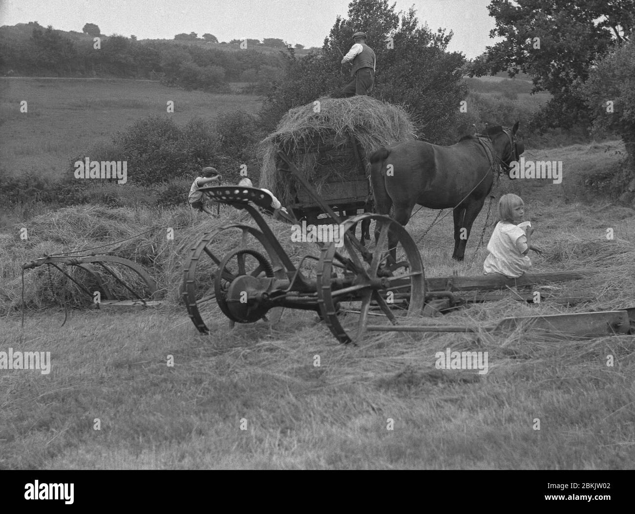 1930s, historical picture, in the rollings hills near Dartmoor, in Chagford, Devon, two farmers working outside in a field gathering up hay into a wooden cart, with a little, girl, a farmer's daugher sitting on the wooden legs of the two-heeled farm implement. In this era, stacking hay onto the cart was time-intensive, heavy physical work, but important for the winter feed for the farm's livestock. Stock Photo