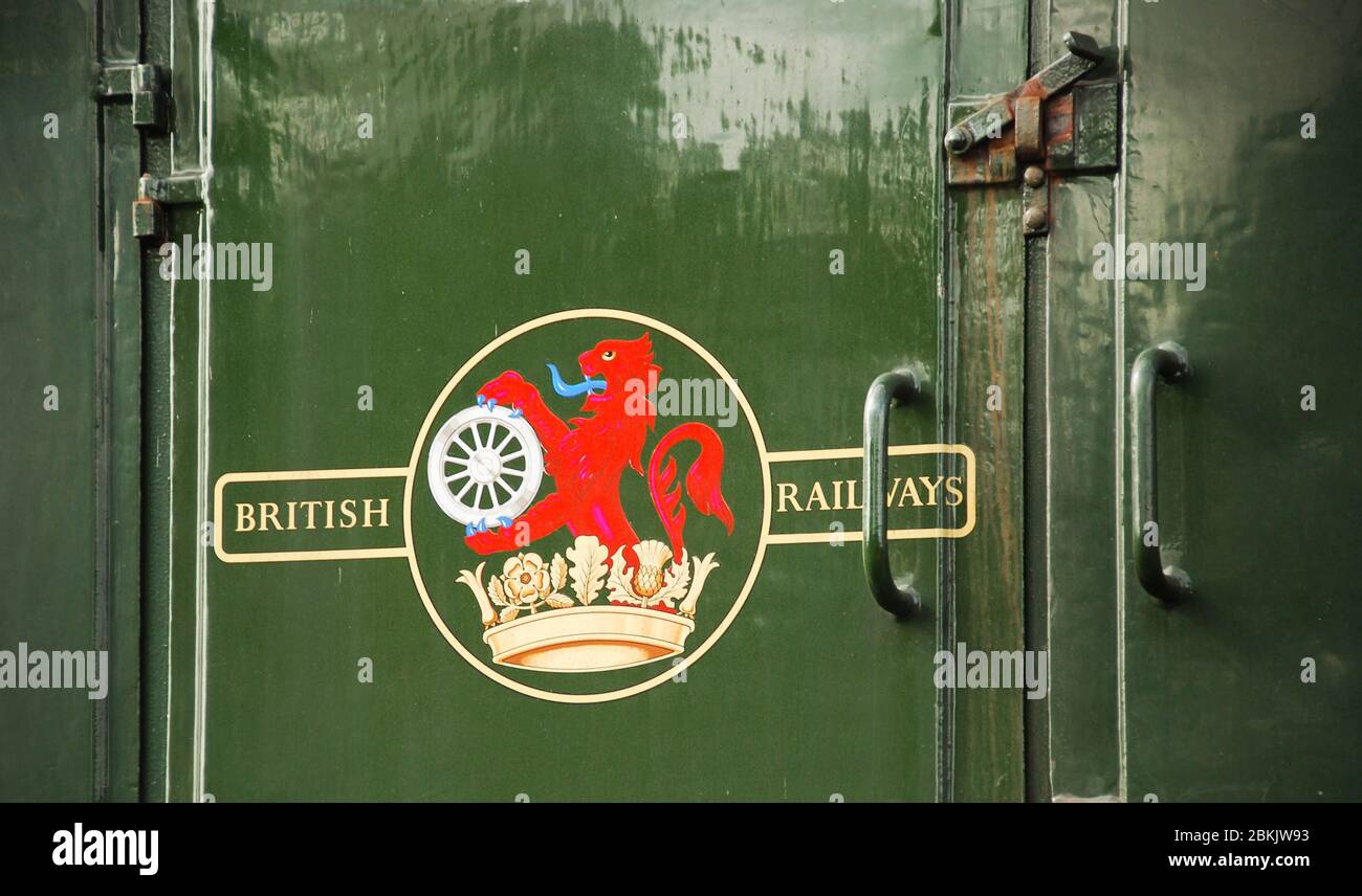 Kidderminster, UK - September 2016: The original British Railways logo on the tender of a steam locomotive on the Severn Valley Railway Stock Photo