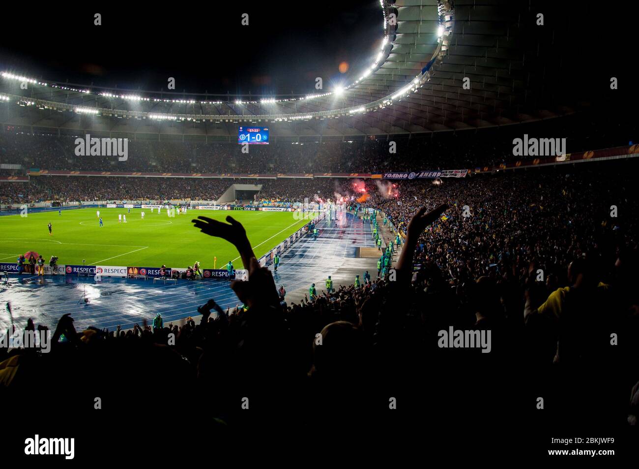 KYIV, UKRAINE - MAY 14, 2015 Football club supporter clapping during UEFA Europa League semifinal game between FC Dnipro and FC Napoli  Stock Photo