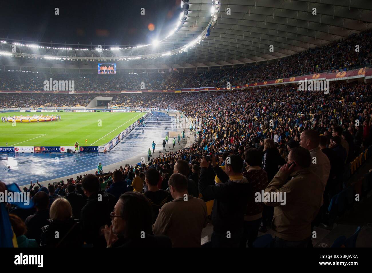 KYIV, UKRAINE - MAY 14, 2015 Start of UEFA Europa League semifinal game between FC Dnipro and FK Napoli at NSK Olimpiyskyi stadium Stock Photo