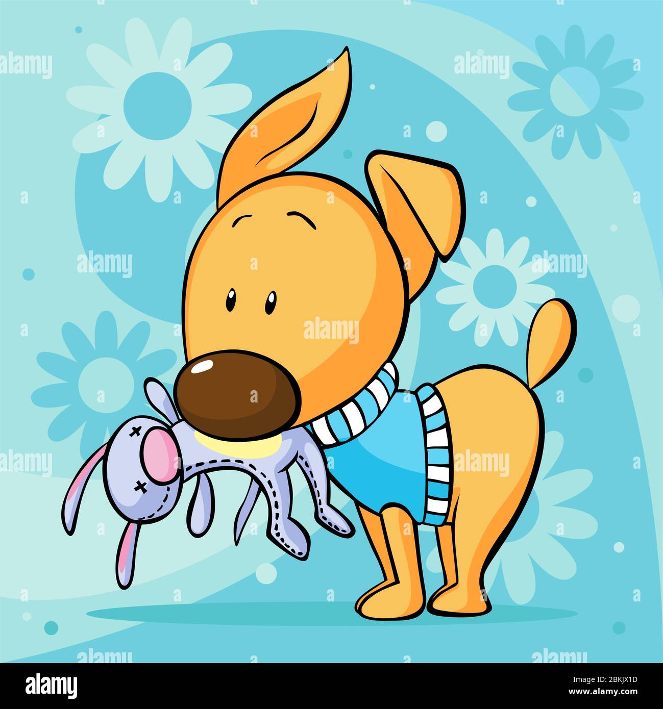 cute dressed dog hold toy in mouth standing on abstract background ...