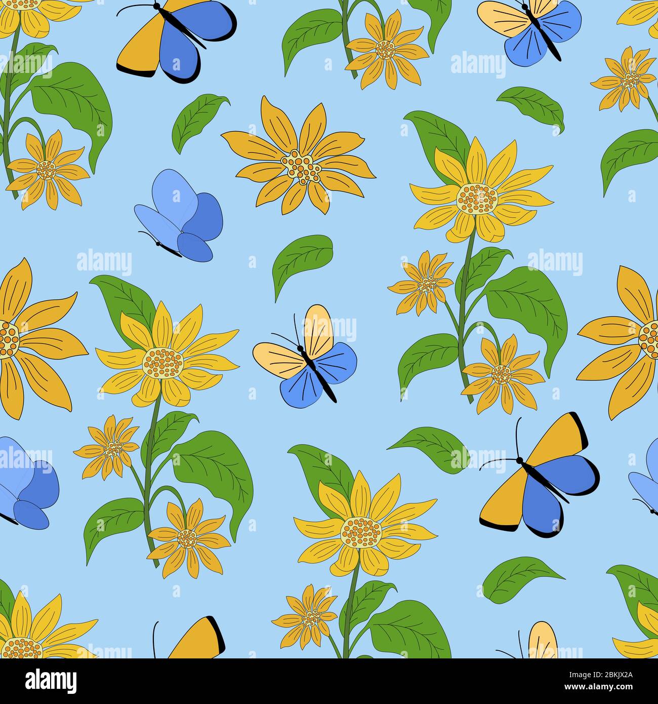 Seamless pattern sunflowers and butterflies on a blue background. For the design of textiles, prints on pillows, dishes, kitchen towels, notebook Stock Vector