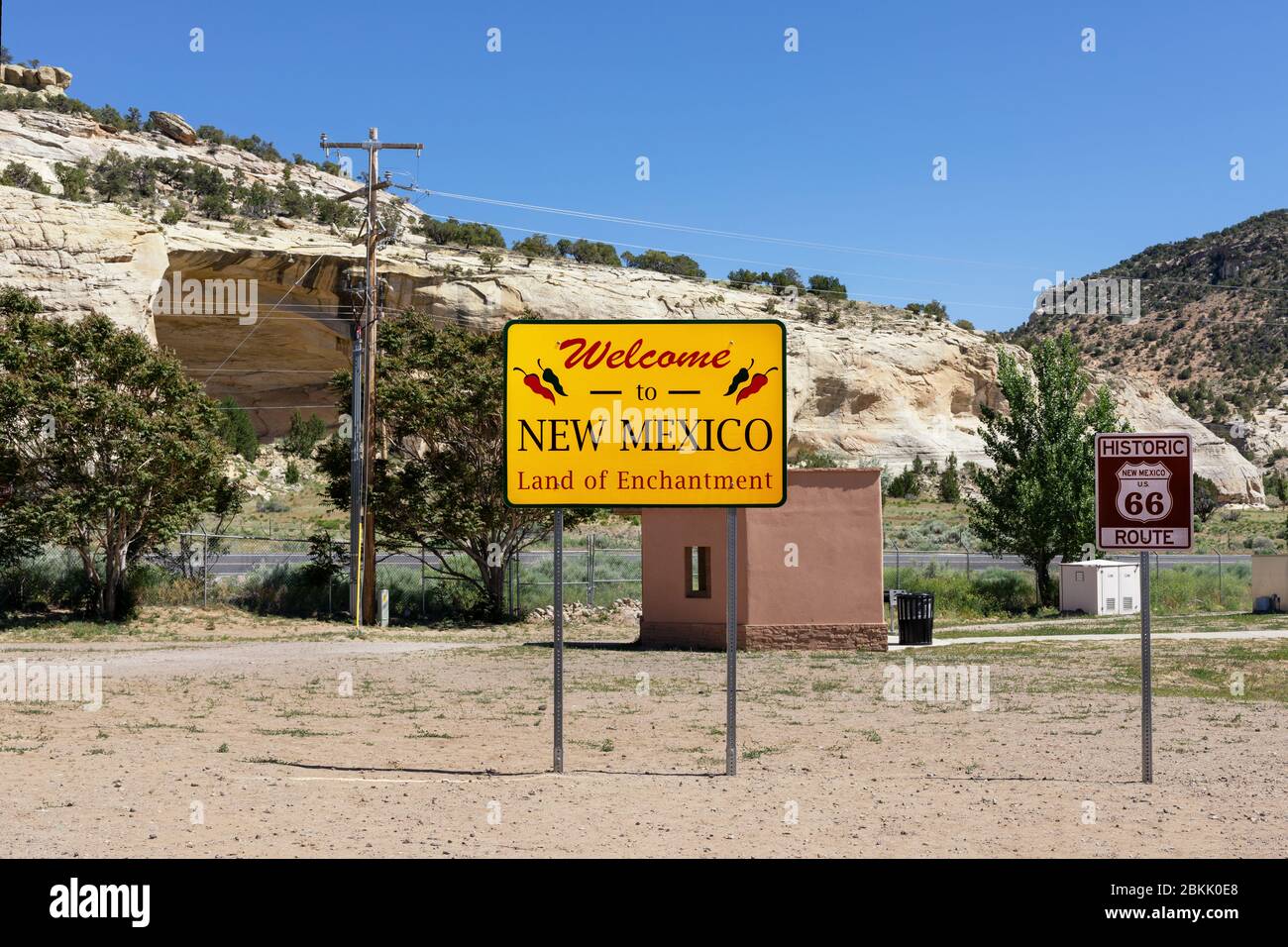 Welcome to New Mexico sign along the highway at the state border. Stock Photo