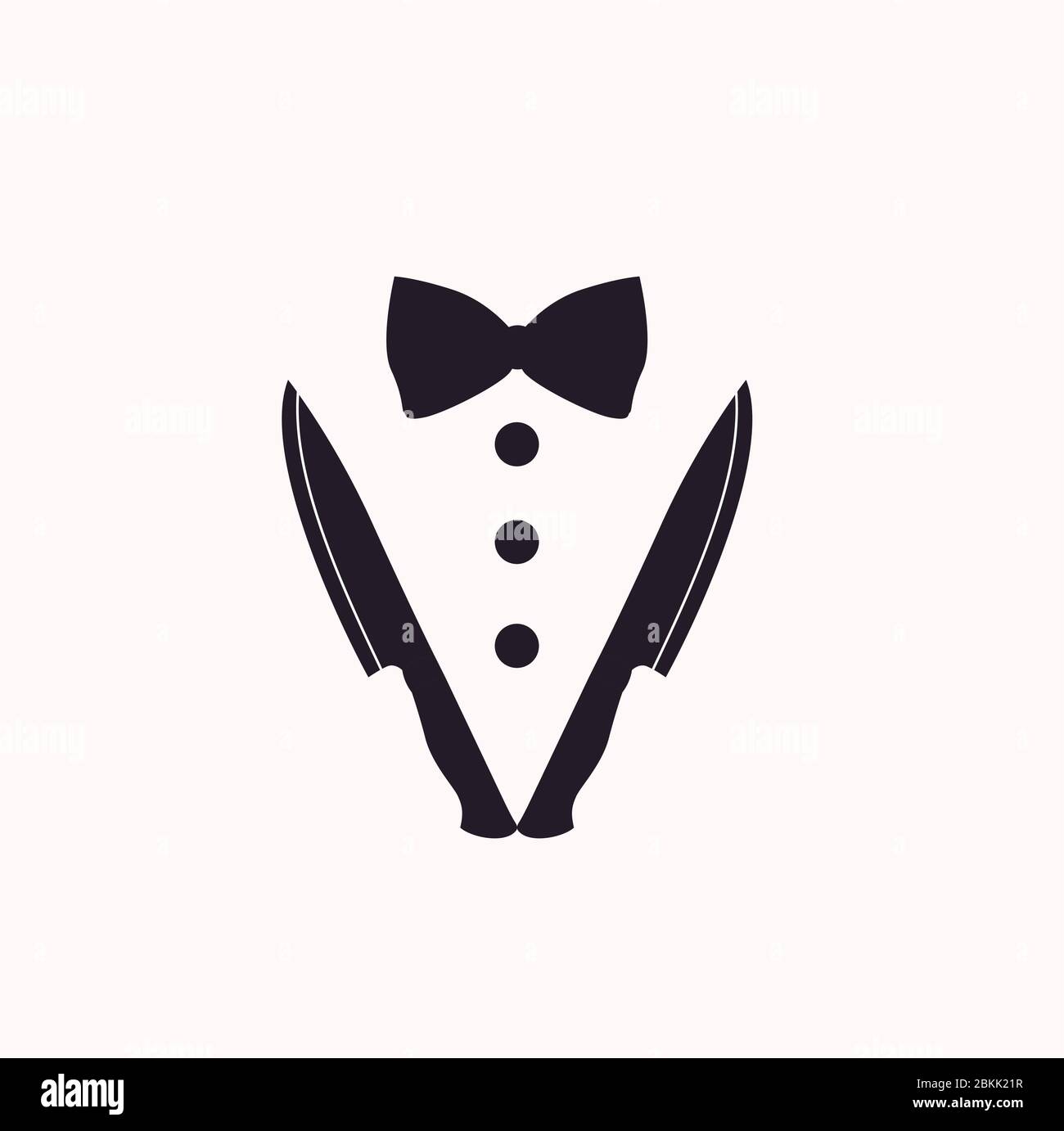 Bow Tie, Knives, Restaurant Dinner or kitchen logo design Stock Vector