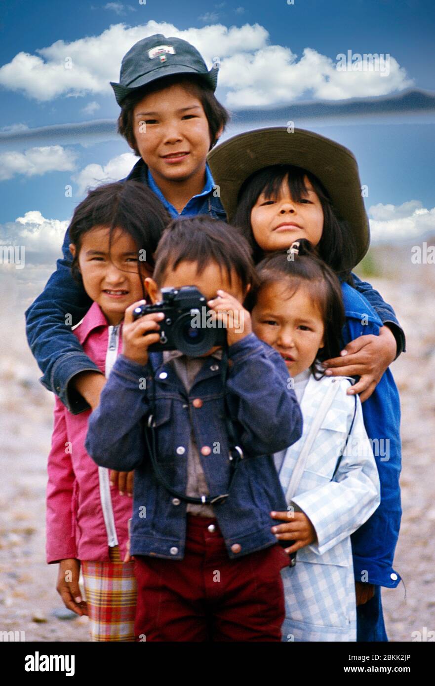 Native First Nation Children posing with camera in Winisk, Northern Ontario, Canada, North America Stock Photo