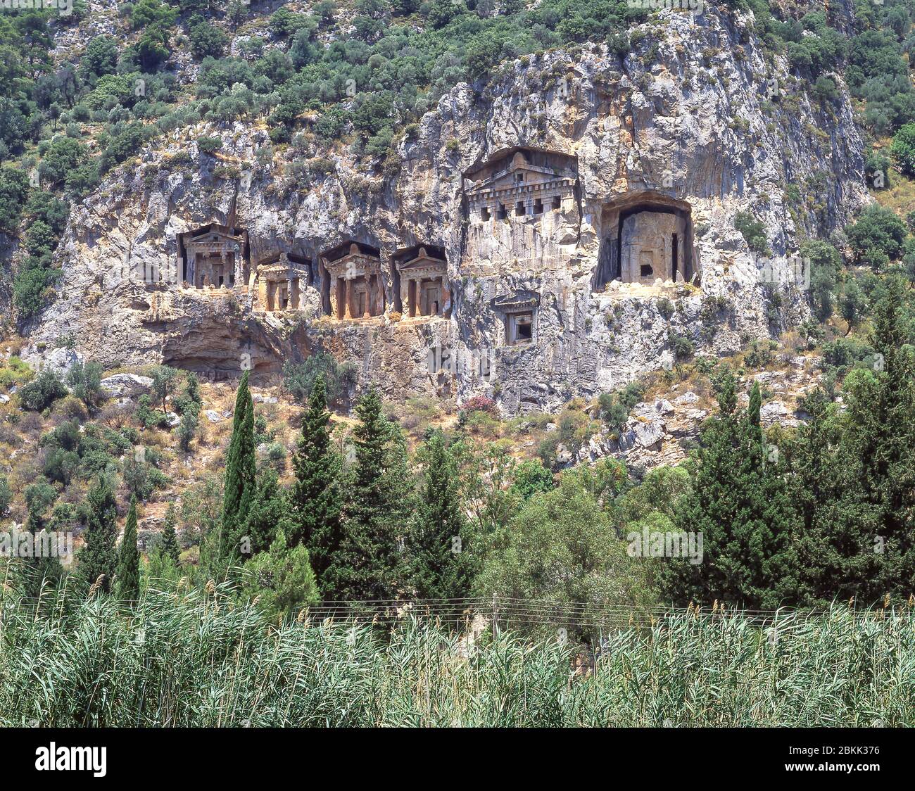 Lycian Tombs cut into cliffs, Fethiye, Mugla Province, Republic of Türkiye Stock Photo