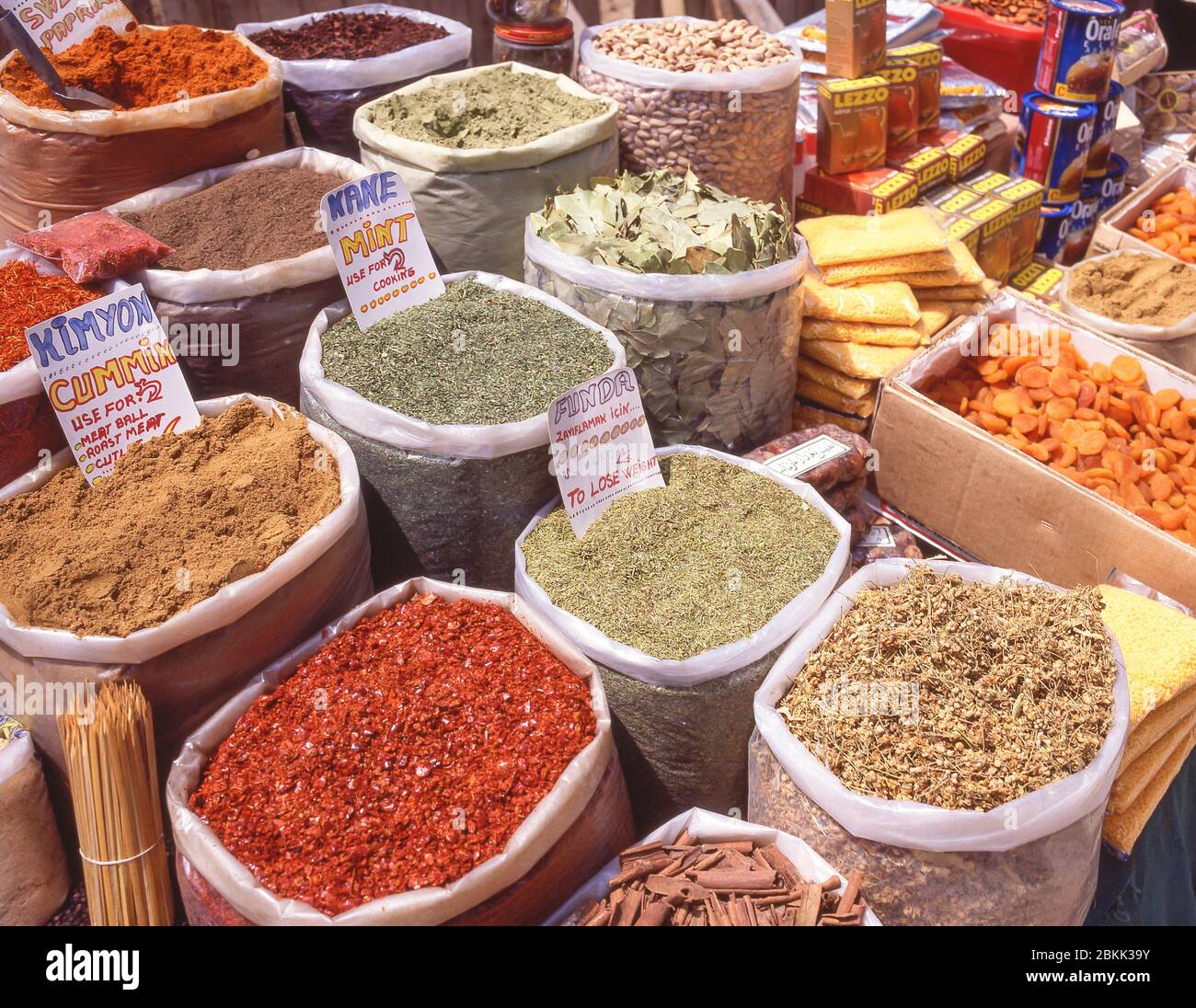 Bags of spices in outdoor market, Bodrum Mulga Province, Republic of Turkey Stock Photo