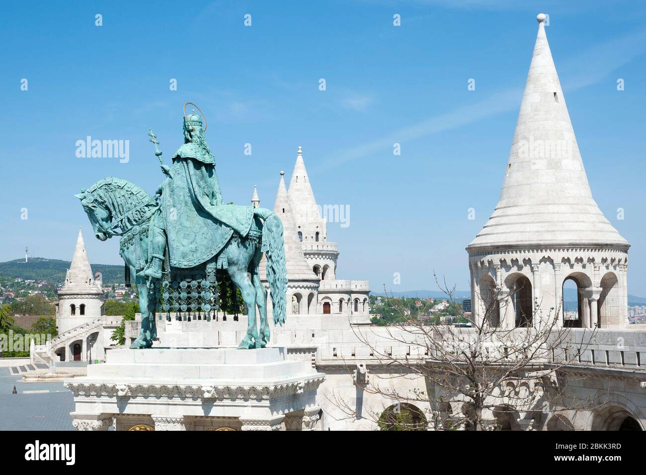 Budapest, Hungary - APRIL 24. 2020: Statue of St. Stephen King at Fisherman's bastion in Budapest Stock Photo