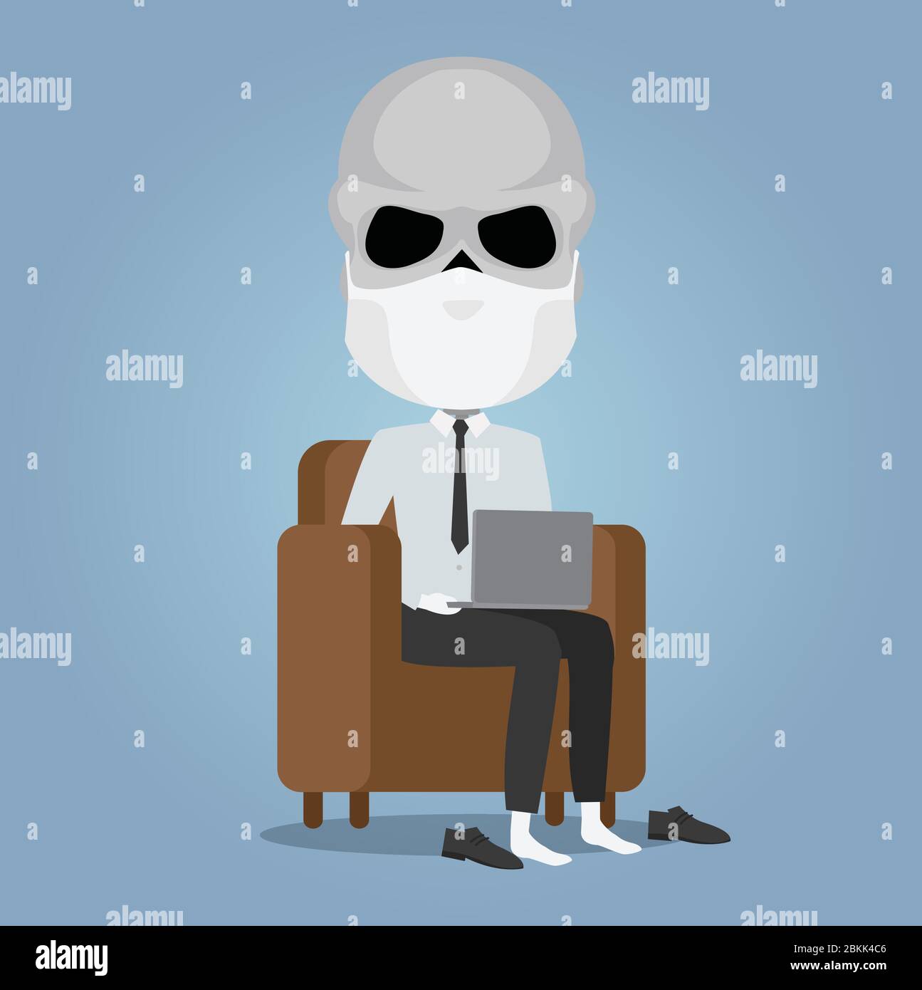 Skeleton businessman working from home on his sofa with laptop mask and