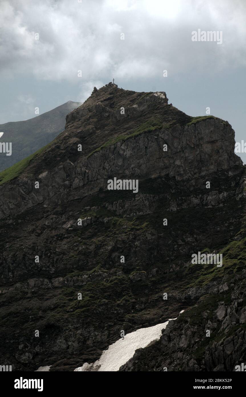 Idiosyncratic peak like a lopsided wedding cake in Malbun, Liechtenstein Stock Photo