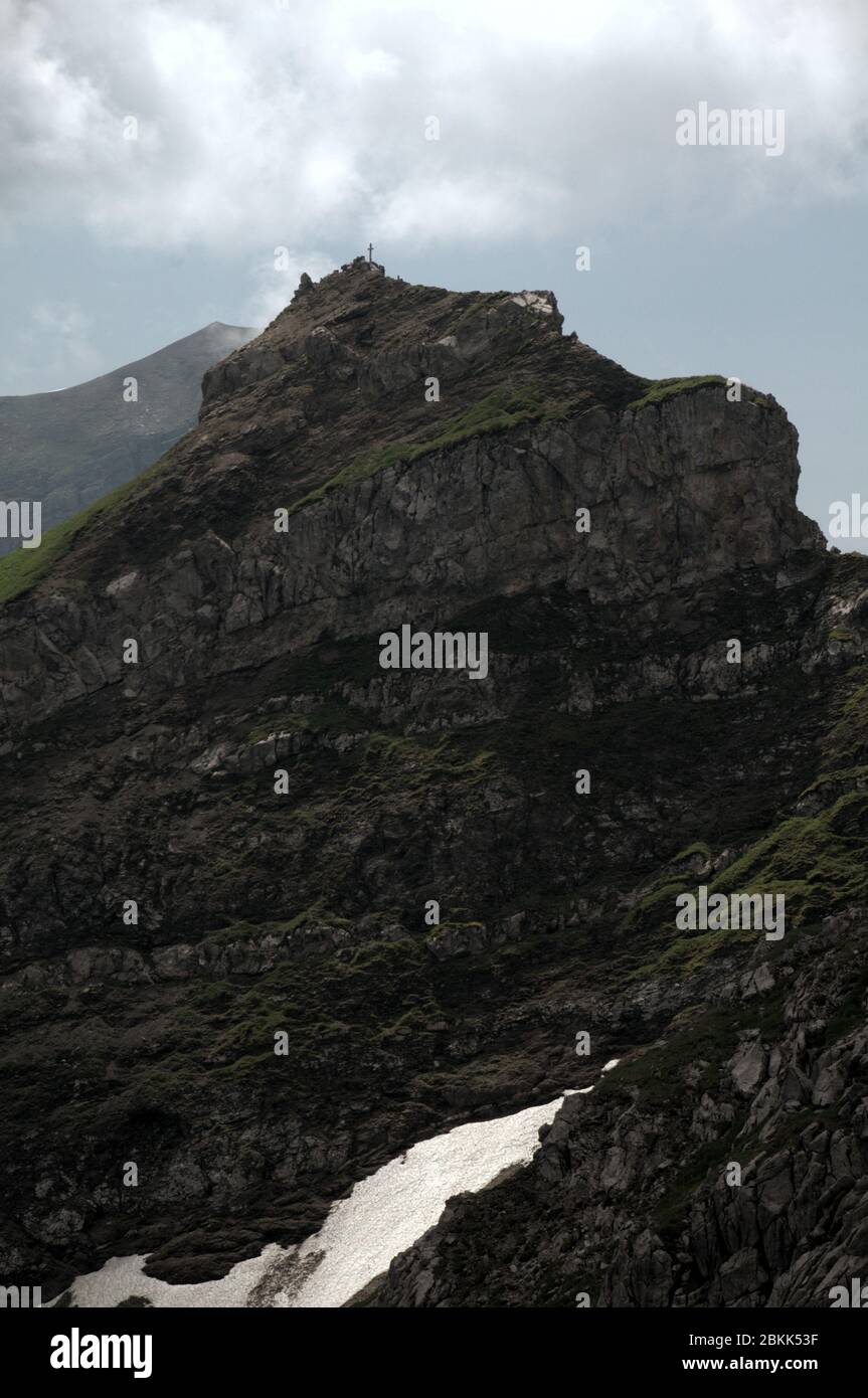 Idiosyncratic peak like a lopsided wedding cake in Malbun, Liechtenstein Stock Photo