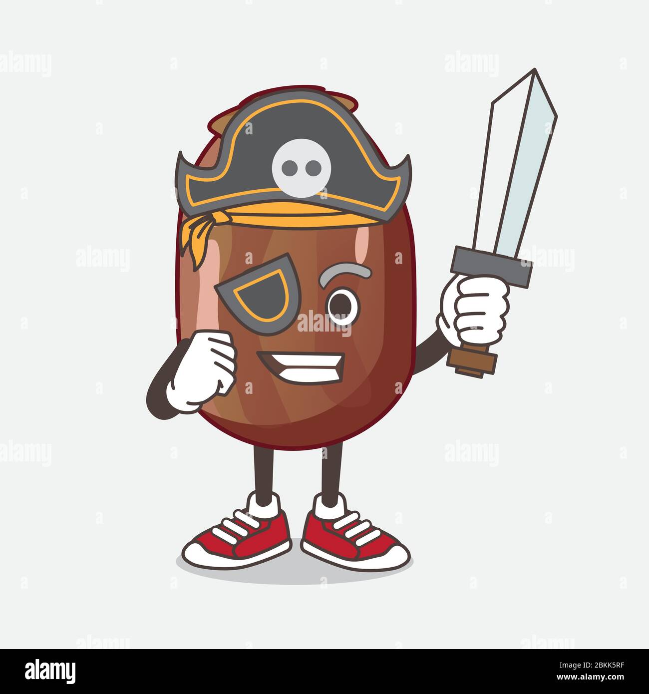 An illustration of Date Palm Fruit cartoon mascot character in pirate style and wearing hat and sword Stock Vector