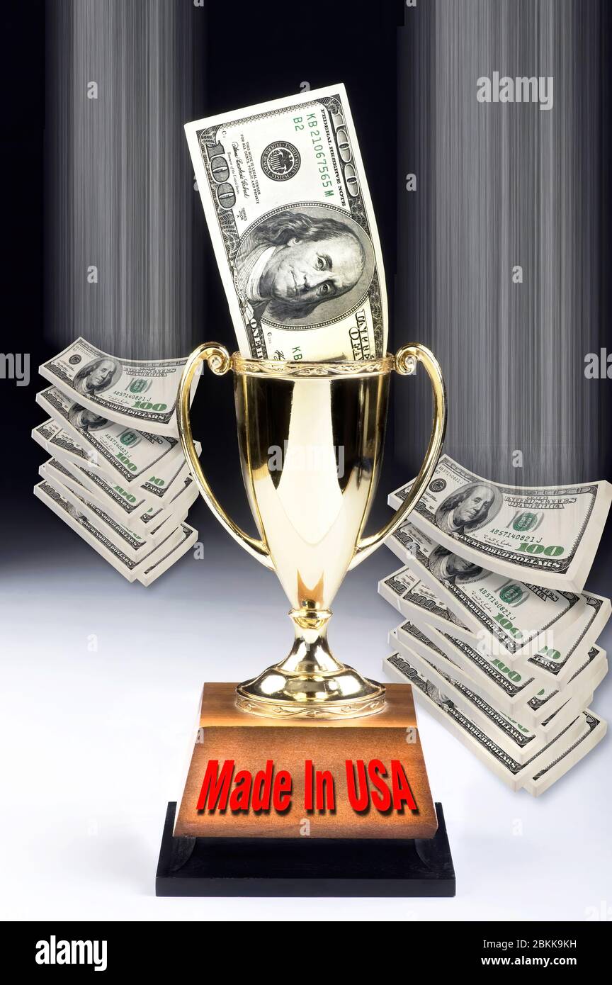 Made in USA with money falling out of the sky. Stock Photo