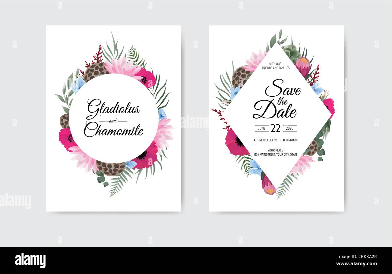 Botanical wedding invitation card template design, white and pink ...