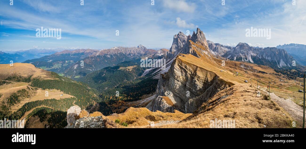 Picturesque autumn Alps mountain scene, famous italian Dolomites Seceda majestic rock, Sass Rigais, Sudtirol, Italy. Beautiful traveling, seasonal and Stock Photo