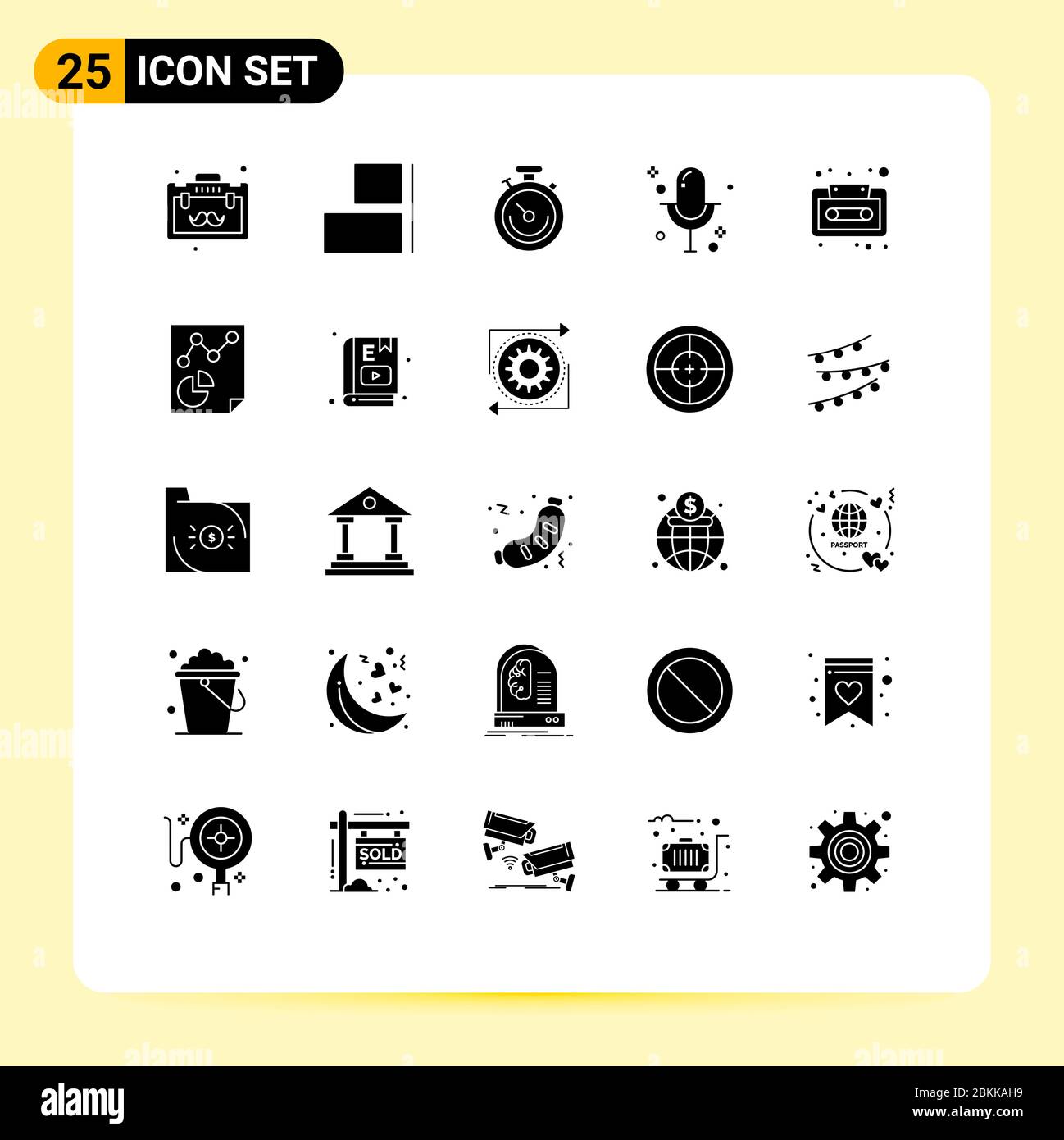 Pictogram Set of 25 Simple Solid Glyphs of cassette, audio, sports, record, media Editable Vector Design Elements Stock Vector