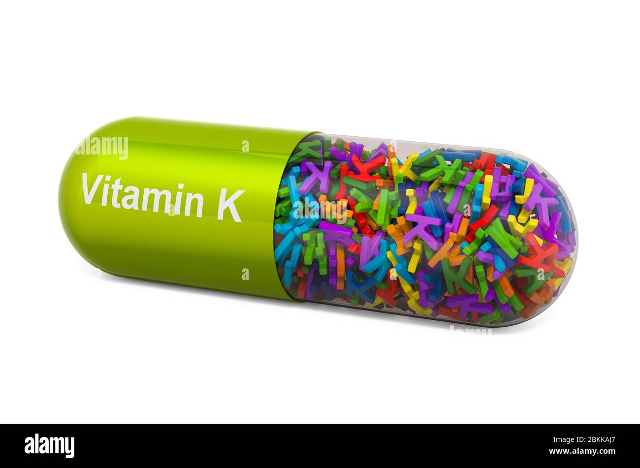 Vitamin K capsule, phylloquinone. 3D rendering isolated on white