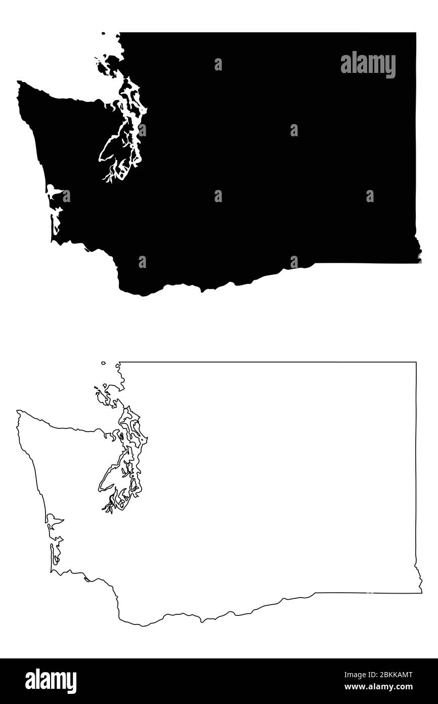 Washington WA state Maps. Black silhouette and outline isolated on a white background. EPS 